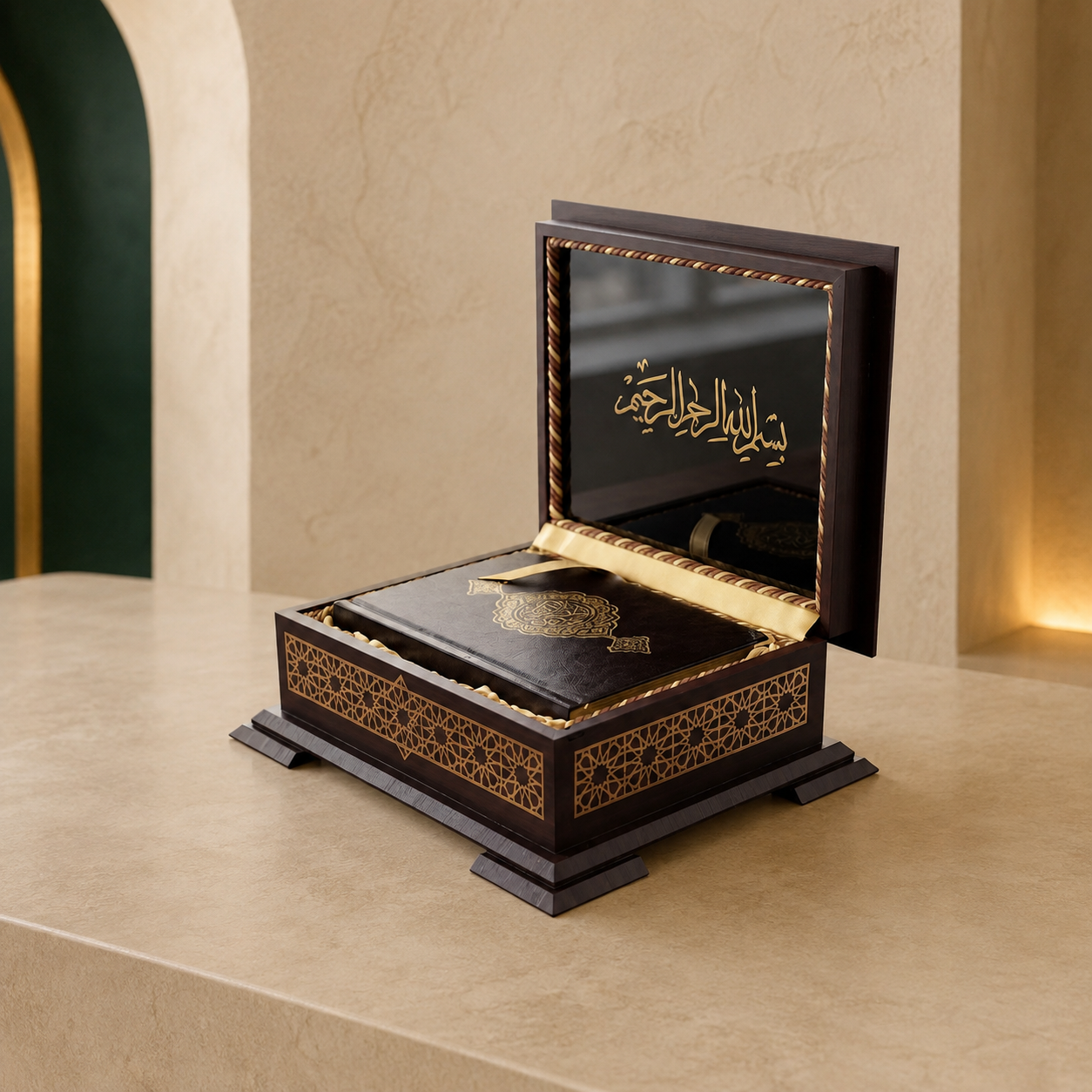 Open houten Koranbox in een warme, luxe setting